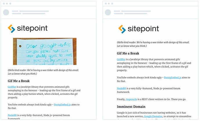 Sitepoint – A/B-тест – Изображение или отсутствие изображений в электронном письме
