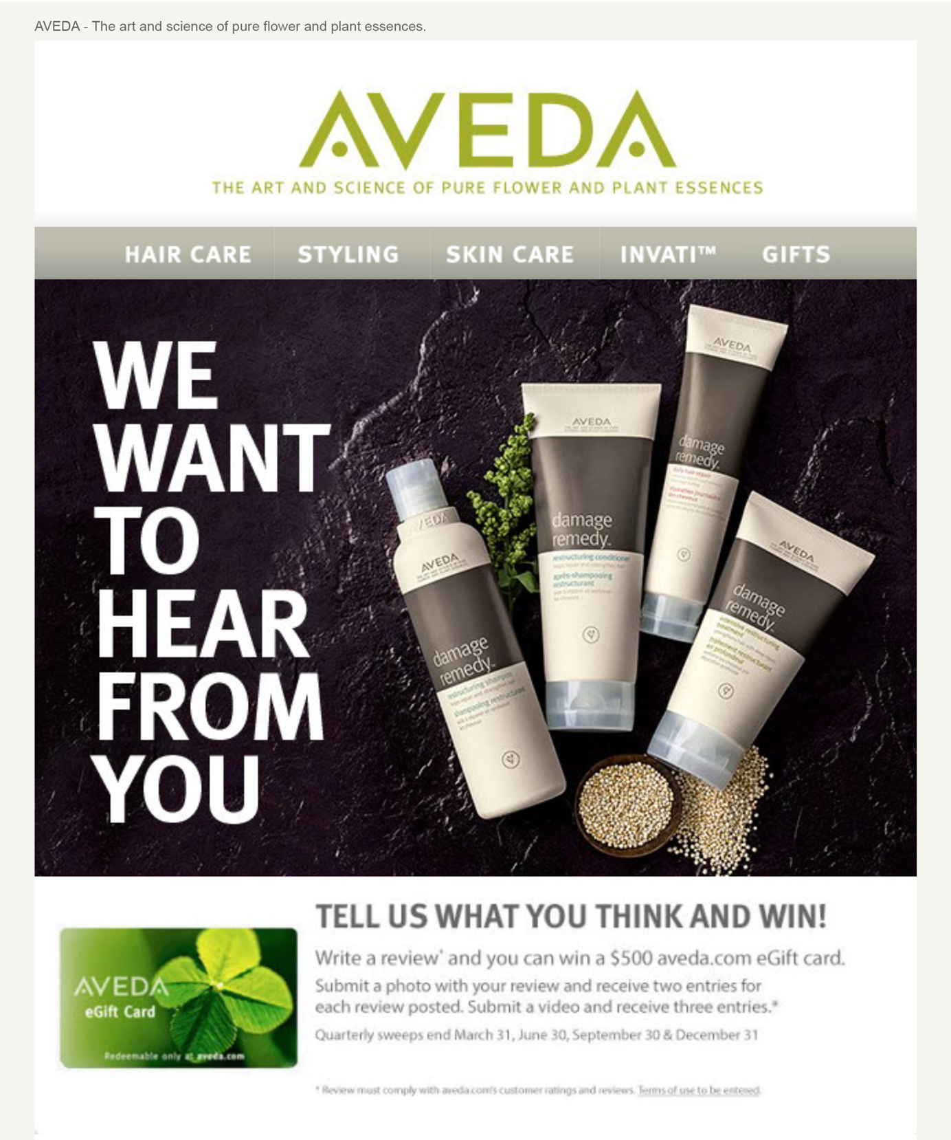 Скриншот электронного письма от Aveda.com с просьбой написать обзор продукта